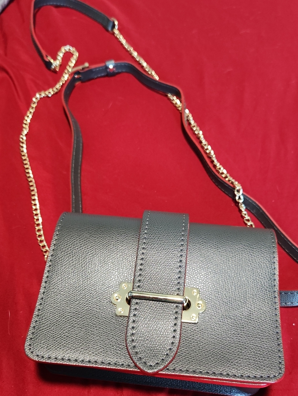 Blue Lemon Women’s Gray Crossbody Bag with Gold Chain Accent, Red Trim, Parisian